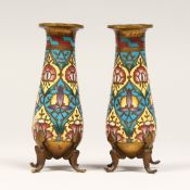 A SMALL PAIR OF GILT BRONZE AND CHAMPLEUVE ENAMEL VASES, on four scroll feet, Signed F. BARBEDIENNE.