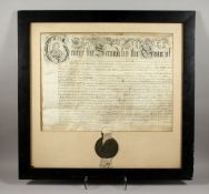 A VERY EARLY PARTCHMENT AND WAX SEAL, George II to the Grace of God. 21ins x 26ins framed and