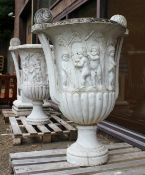 A VERY GOOD PAIR OF ITALIAN CARVED WHITE MARBLE CAMPAGNA TWIN HANDLED URNS, 4ft High.
