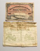 THE SEIGE OF MAFAKIN TEN SHILLING NOTE, NO.6779, (condition poor) and a German mark note.