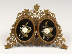 ASPREY & SON, BOND STREET. AN ORMOLU DOUBLE PHOTOGRAPH FRAME, with a pair of Pietra Dura inlaid
