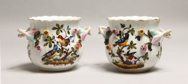 A PAIR OF DRESDEN PORCELAIN TWIN HANDLED JARDINIERE, each painted with birds amongst trees, with