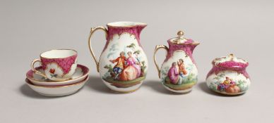 A MINIATURE PAIR OF CONTINENTAL PORCELAIN DRESDEN STYLE TEA SET comprising two jugs, bowl, one cup