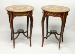 A PAIR OF FRENCH STYLE MARQUETRY INLAID AND ORMOLU MOUNTED CIRCULAR TABLES, with a single frieze