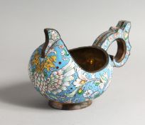 A LARGE RUSSIAN SILVER AND ENAMEL KOVSCH, with double eagle and scrolls 10.5ins long 6ins high