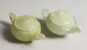 TWO SMALL JADE TEA POTS