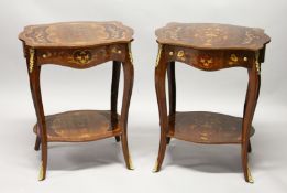 A PAIR OF FRENCH STYLE MARQUETRY INLAID TWO TIER SINGLE DRAWER SIDE TABLES, with cabriole legs 1ft