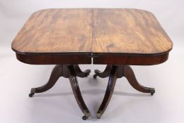 A GOOD GEORGE III MAHOGANY DOUBLE PILLAR DINING TABLE WITH TWO LOOSE LEAVES, reeded edge, turned