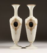 A PAIR OF CAMEO CLASSIC FROSTED VASES with a black cameo with gilt decorations 12ins high.