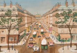 Roger Favin (20th Century) British, A busy Parisian Street scene, watercolour, signed, 9