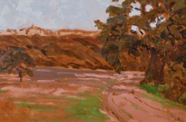 Early Twentieth Century English School, A pathway by a forest, oil on panel, signed with initials