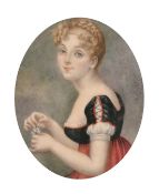 A good Victorian oval portrait miniature of a Young Lady holding a flower, 3