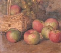 19th Century Continental School, A still life study of apples and grapes by a basket, oil on canvas,