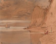 Bathet?, Fishermen on a beach, sailing boat beyond, watercolour, indistinctly signed, 10.25