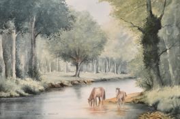 David R. Meeks (20th Century) British, 'New Forest, mare and foal', watercolour, signed, 13.5