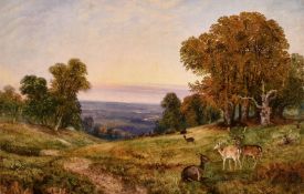 Circle of Edward Brewtnall, Deer resting in a landscape at dusk, oil on canvas, 17.5