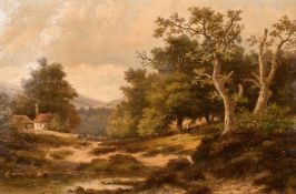 Abraham Hulk Junior (1851-1922) British, A wayfarer on a country path with a cottage and hills