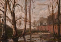 John Brown, Twentieth Century, British, A tree lined river landscape, oil on panel, signed with