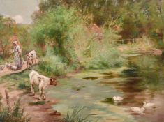 Henry John Yeend King (1855-1924) British, a woman and geese on a path with calves and ducks nearby,