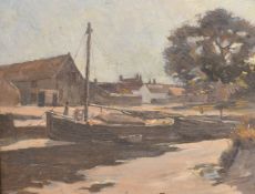 20th Century School, A boat moored on a river with buildings beyond, oil on panel, 12.75