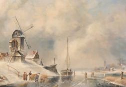 20th Century Dutch School, Figures on a frozen waterway, oil on canvas, indistinctly signed, 14