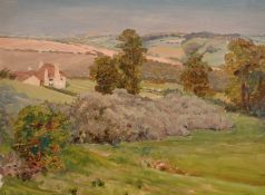 Early Twentieth Century English School, Scene of a cottage amongst rolling hills, oil on panel,
