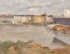 K. Osborne, Boats moored along the Thames with colourful buildings beyond, oil on board, signed, 16