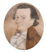 18th Century, A miniature portrait of gentleman, watercolour, in an engraved gilt metal frame, 1.75