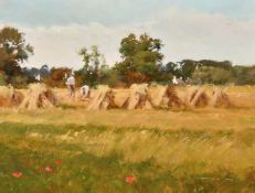 John Haskins (b. 1938) British, Summer scene, hay stooks and men gathering in the hay, oil on board,