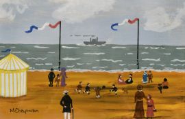 Margaret Chapman (1940-2000) British, Figures on a French beach, children playing steamer ship