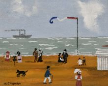 Margaret Chapman (1940-2000) British, Figures and dogs on a French beach with a paddle steamer