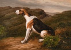 20th Century, A pointer seated in a moorland landscape, oil on panel, signed C. Harrison, 5