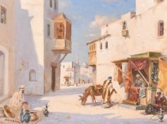 Russian School (20th Century) Arabian street scene with figures, oil on board, signed and
