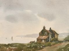 F. Wilding, (active mid-20th Century) 'Cottage on the seashore', watercolour, signed, 11