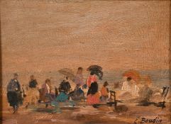 After Eugene Boudin, Figures on a beach, oil on panel, bears signature, 5.25