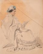 19th Century English School, A study of a seated lady reading, watercolour, 7