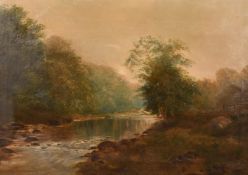 19th Century English School, A tree lined river landscape, oil on canvas, signed with initials M.