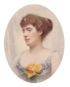 A Victorian oval portrait miniature of a Lady wearing a rose in a gilt frame, 3.5