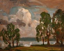 John Brown, Twentieth Century, British, A lake view through trees, oil on board, 14