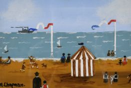 Margaret Chapman (1940-2000) British, Figures and dogs on a French beach with a paddle steamer