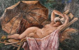 Harry Bloomfield (1883-1940) British, A female nude in a deck chair by an umbrella, oil on canvas,