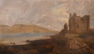 19th Century, Boat on the shore near a Scottish Castle, oil on canvas, 12.5