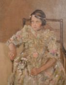 Early 20th Century School, A portrait of a seated girl with a garland of flowers in her hair, oil on