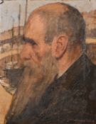 19th Century Newlyn School, A head study of a fisherman in a harbour, oil on canvas, indistinctly