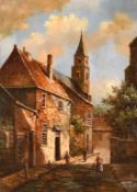 20th Century, A Dutch street scene with figures, oil on panel, 7