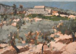 Clive McCartney, A view of a Continental villa through fields, oil on board, signed, 8