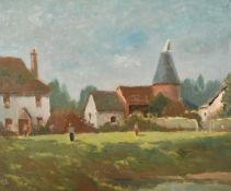 H E Lewis, 20th Century, 'Near Rye', figures before an oast house, oil on board, signed with