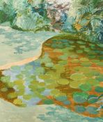 Flavia Blois (1914-1988) British, 'Lily Pool', oil on board, signed and with labels verso, 24