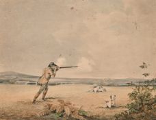 Circle of Henry Alken, A gentleman out shooting with pointer dogs, pair of watercolours, 8.25