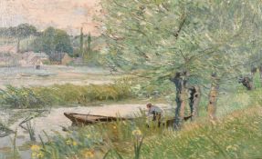 Eugene Boch (1855-1941) Belgian, Impressionist river scene with a figure and boat, oil on canvas,